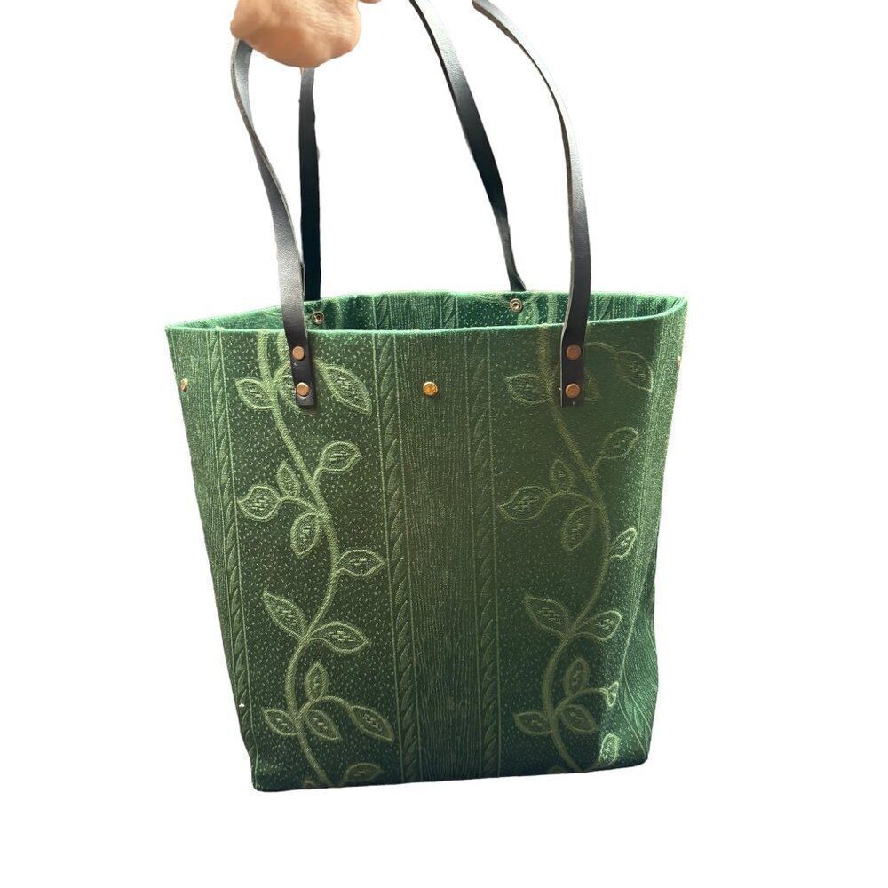 Green Tote Bag With Leaf Embroidery & Black Leather Straps